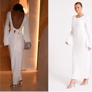 Meshki White Long Sleeve Open Back Maxi Dress